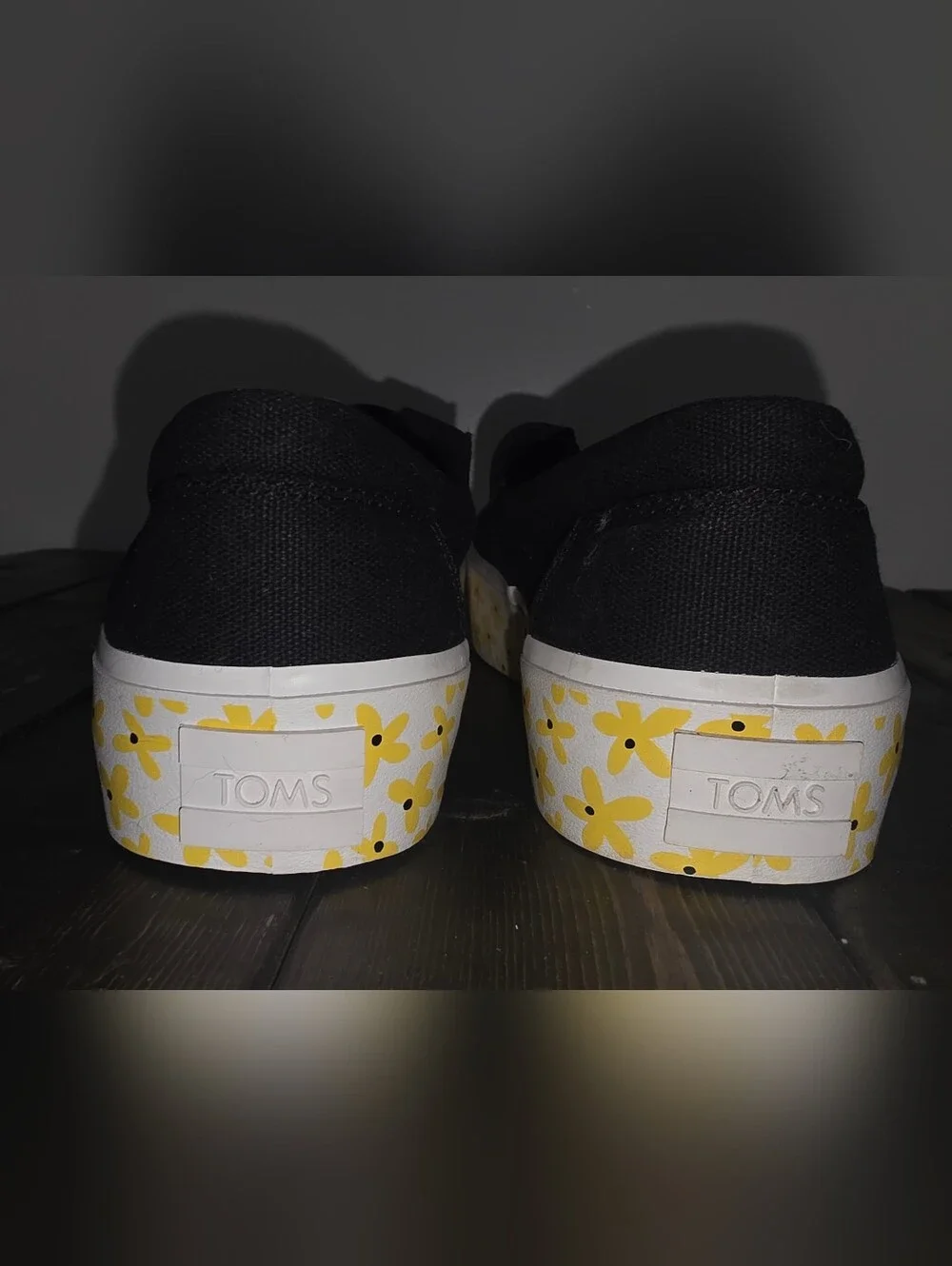 TOMS Black Slip-On Shoes with Yellow Floral Platform